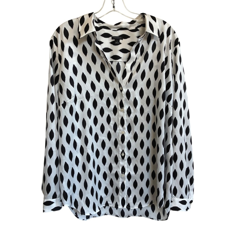 Ann Taylor Womens XL Black White Ikat Diamond Button Down Blouse Shirt 596013